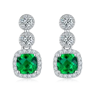 0.98 Carat Cushion Cut Lab Created Emerald Halo Drop Earrings in S925 Silver Plated Platinum