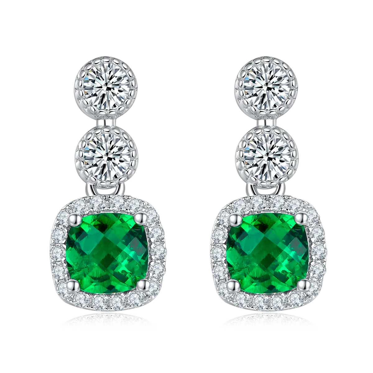 0.98 Carat Cushion Cut Lab Created Emerald Halo Drop Earrings in S925 Silver Plated Platinum