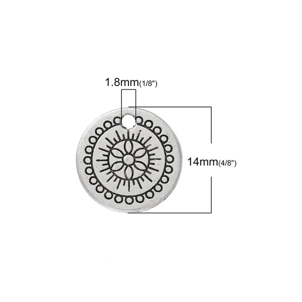 10 Pcs Tibetan Silver FLOWER CARVED 14mm DIA Charms Pendants, Lead & Nickel Free Metal Charms Pendants Beads