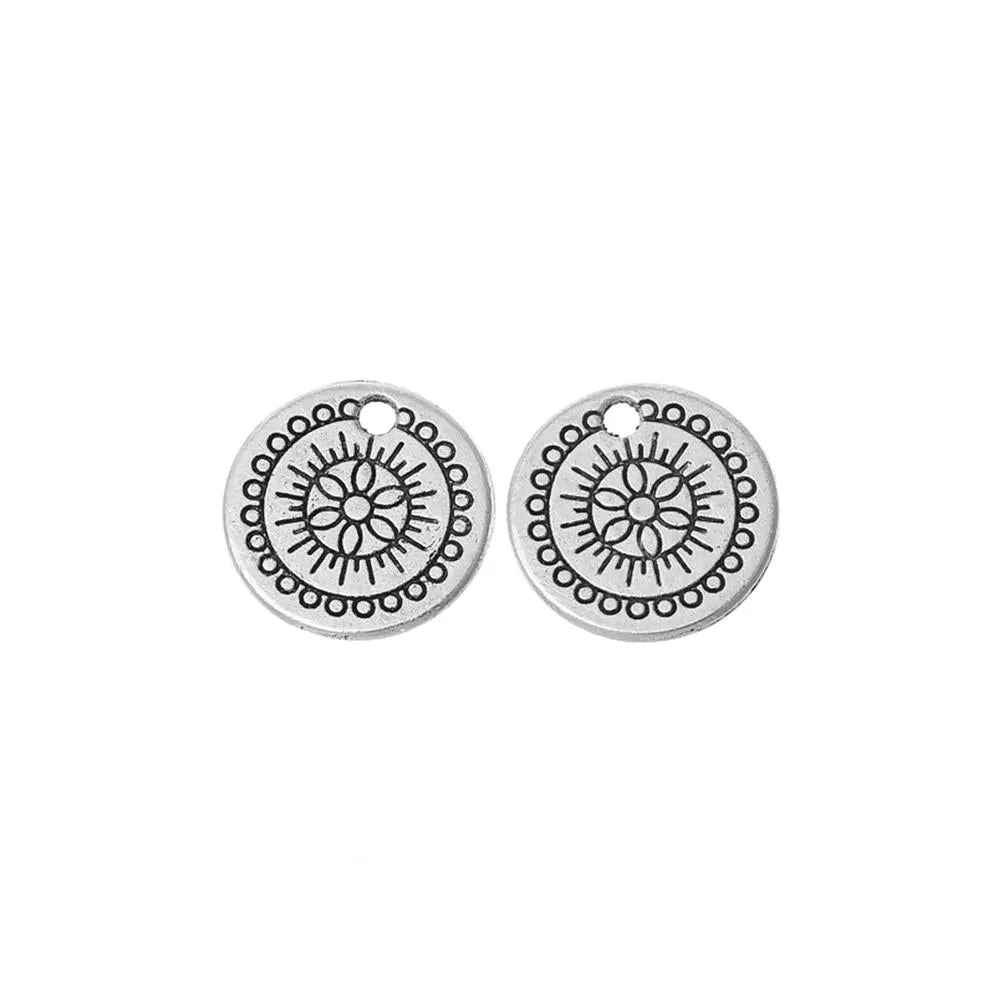 10 Pcs Tibetan Silver FLOWER CARVED 14mm DIA Charms Pendants, Lead & Nickel Free Metal Charms Pendants Beads