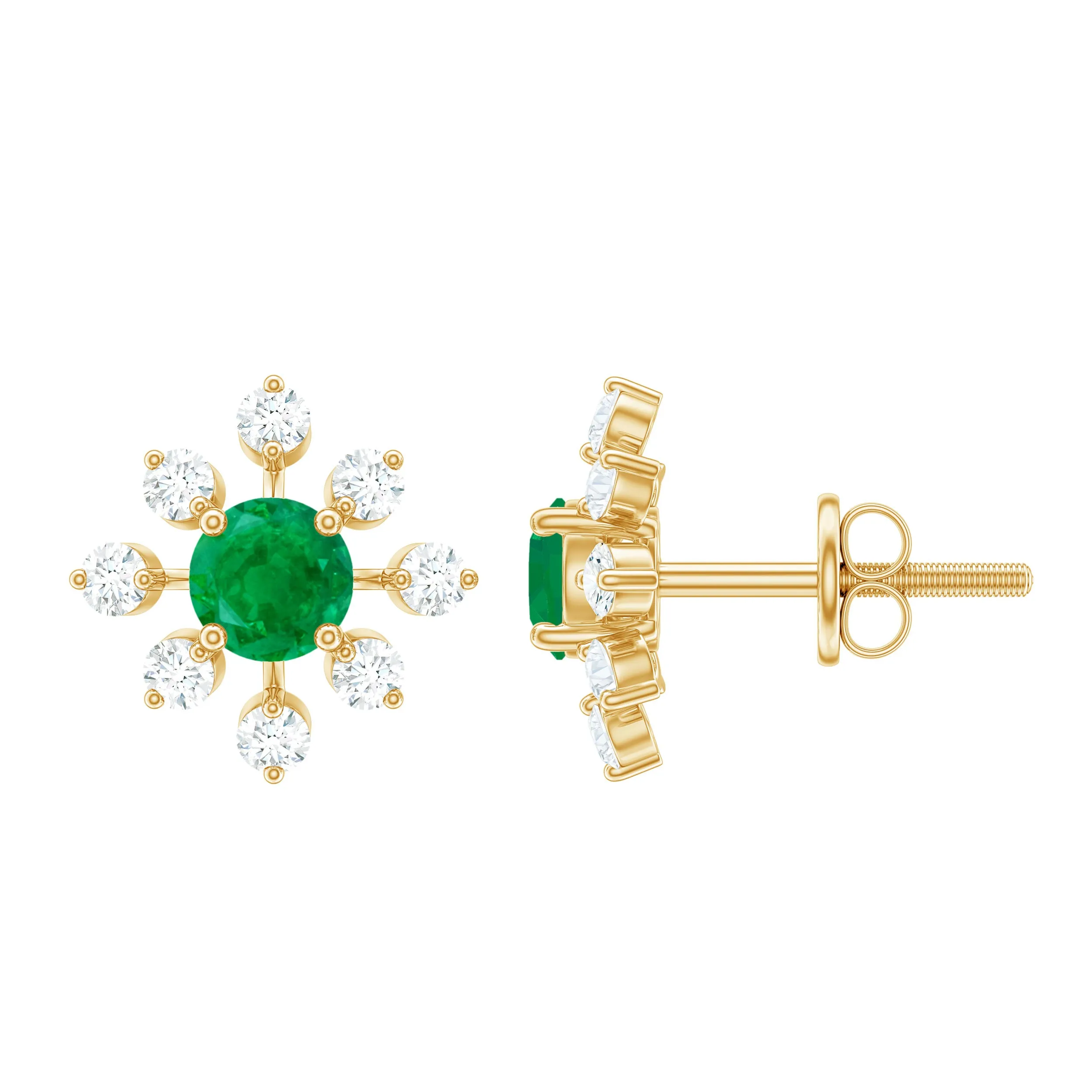 1.25 CT Emerald and Diamond Flower Stud Earrings