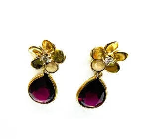 14K Gold Diamond & Garnet Drop Earrings