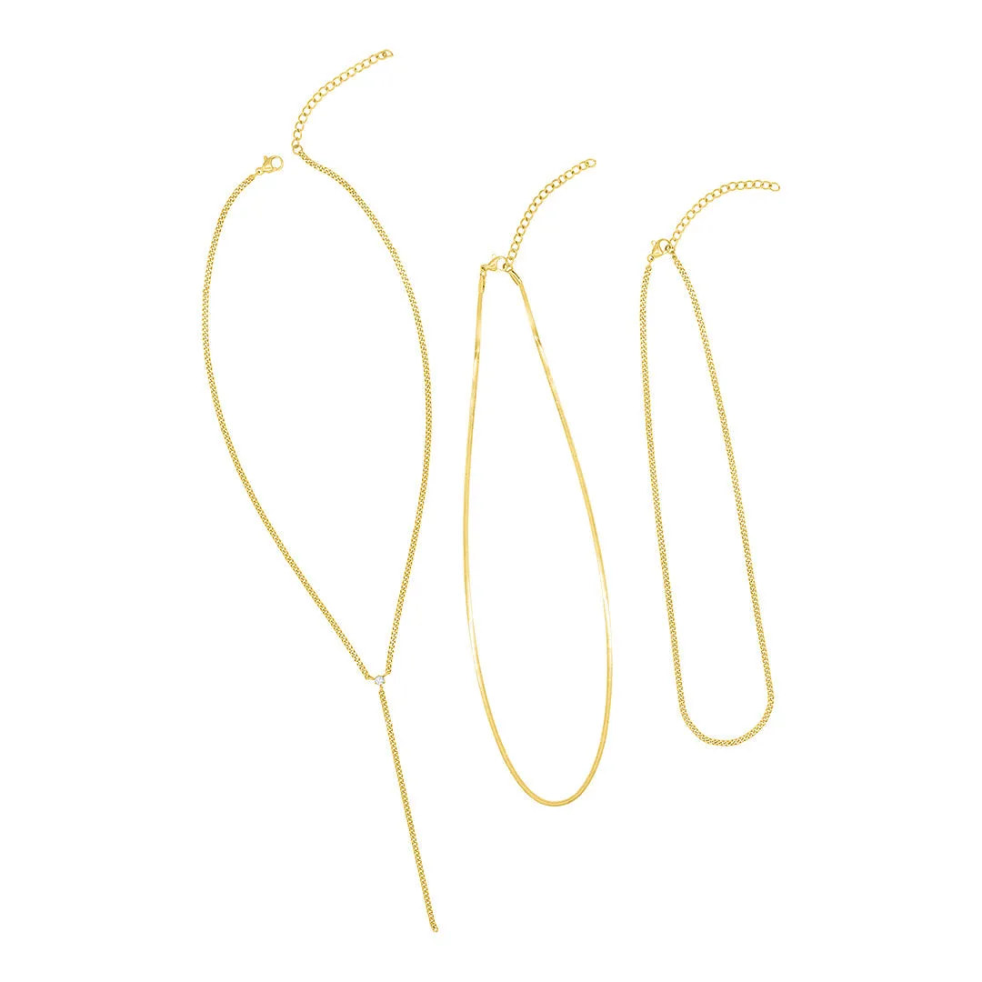 14k Gold Plated Adjustable Curb Chain and Herringbone Lariat Y-Necklace Set