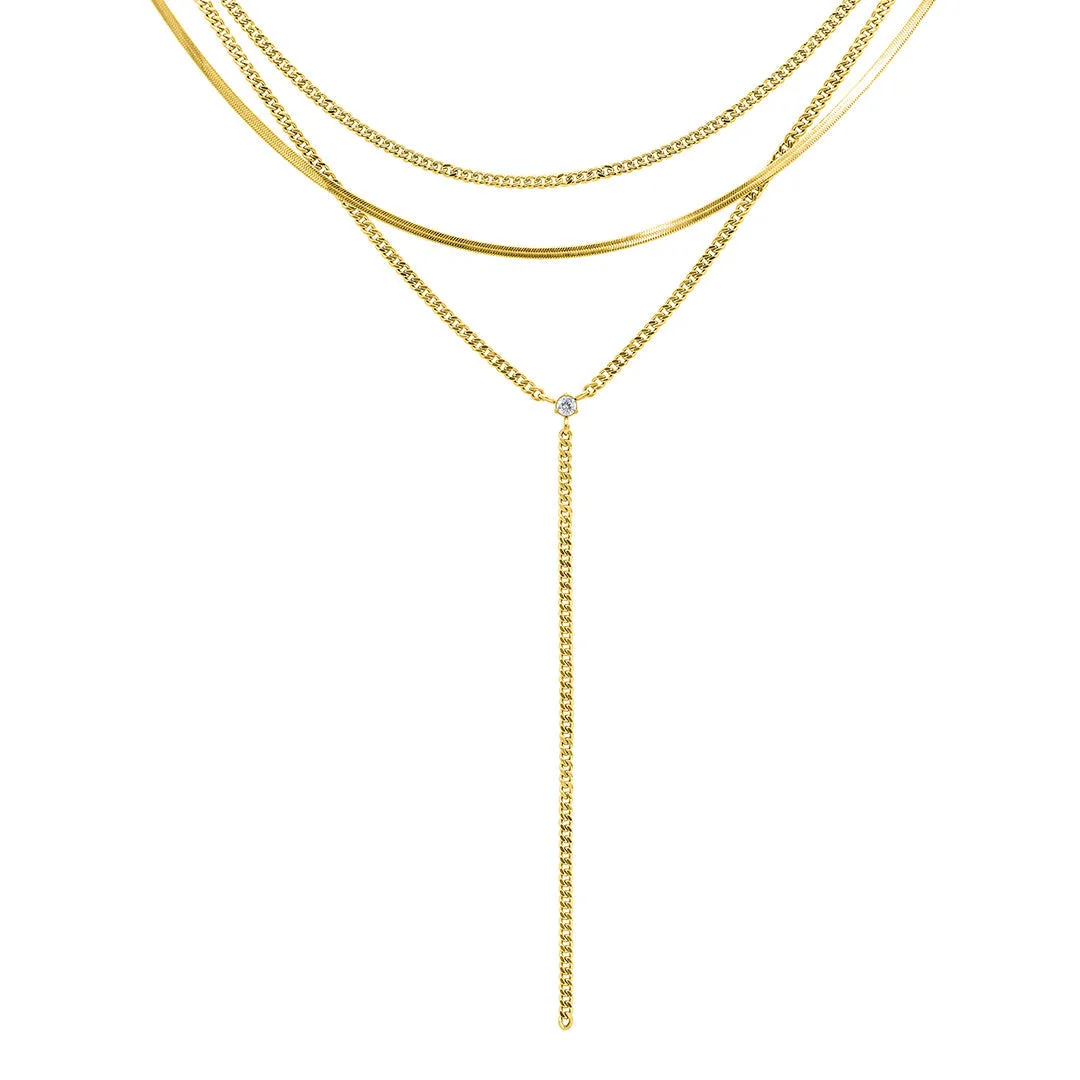 14k Gold Plated Adjustable Curb Chain and Herringbone Lariat Y-Necklace Set