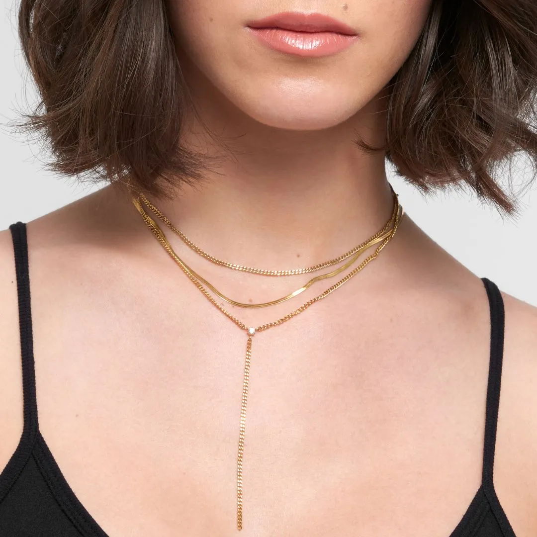 14k Gold Plated Adjustable Curb Chain and Herringbone Lariat Y-Necklace Set