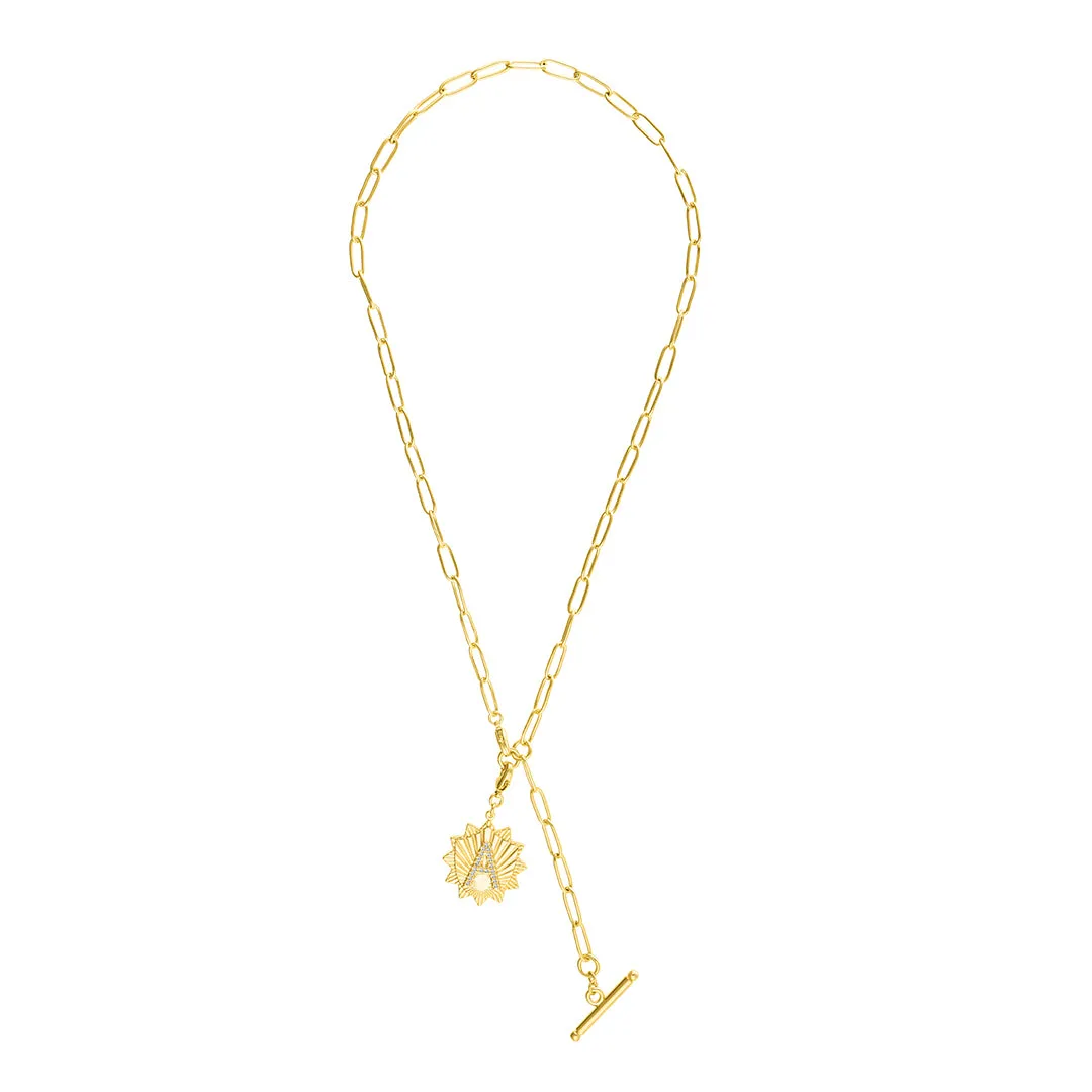 14k Gold Plated Adjustable Paperclip Lariat with Crystal Initial Medallion