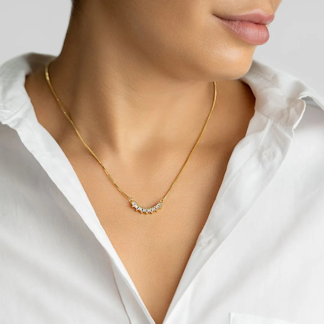 14K Gold Plated Crystal Curved Bar Necklace