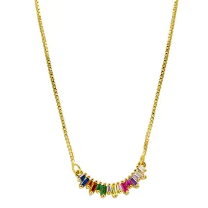 14k Gold Plated Crystal Rainbow Curved Bar Necklace