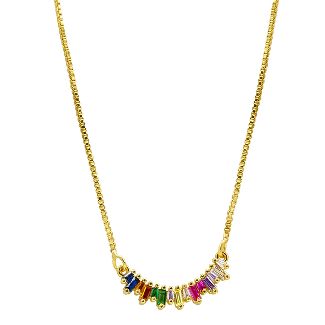 14k Gold Plated Crystal Rainbow Curved Bar Necklace