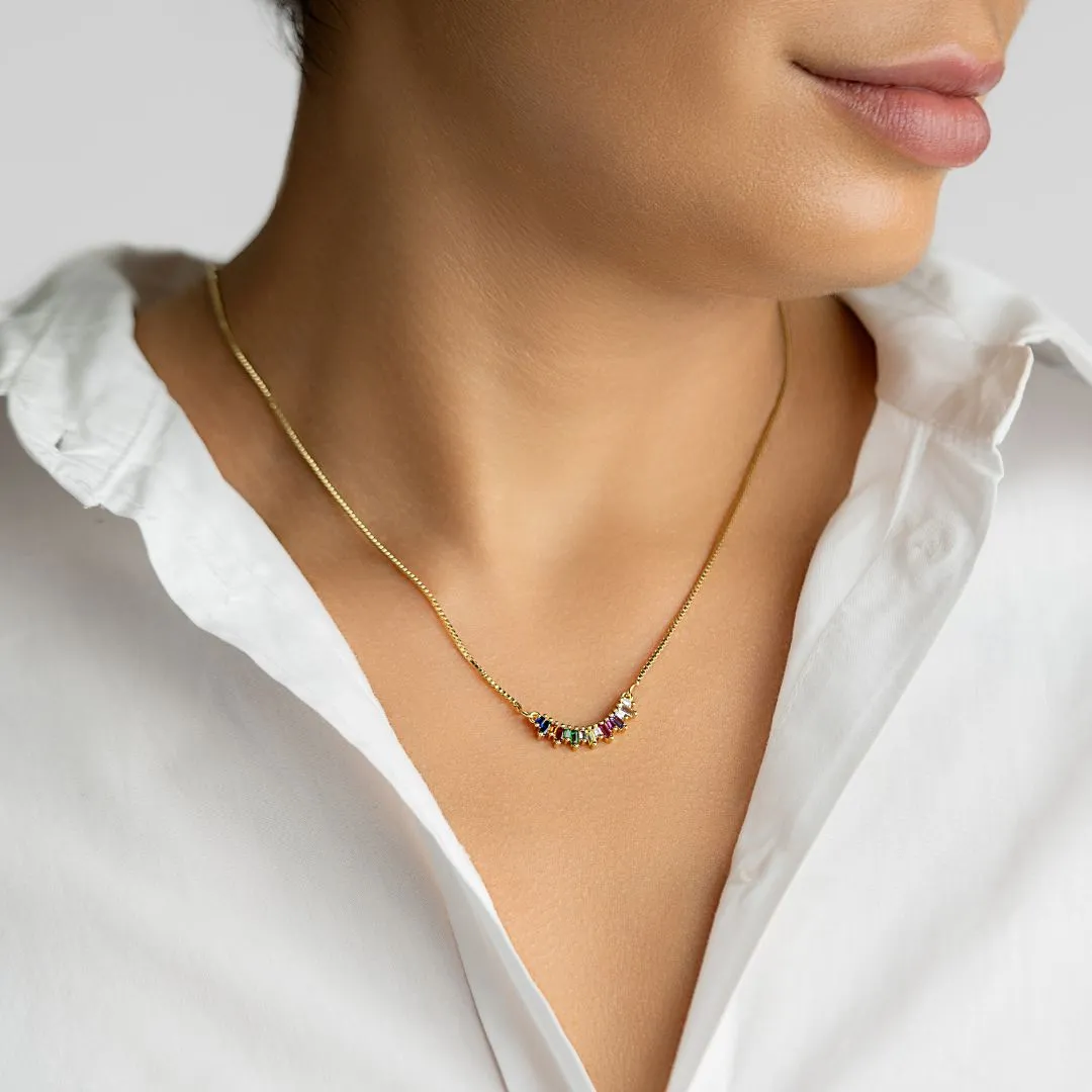 14k Gold Plated Crystal Rainbow Curved Bar Necklace