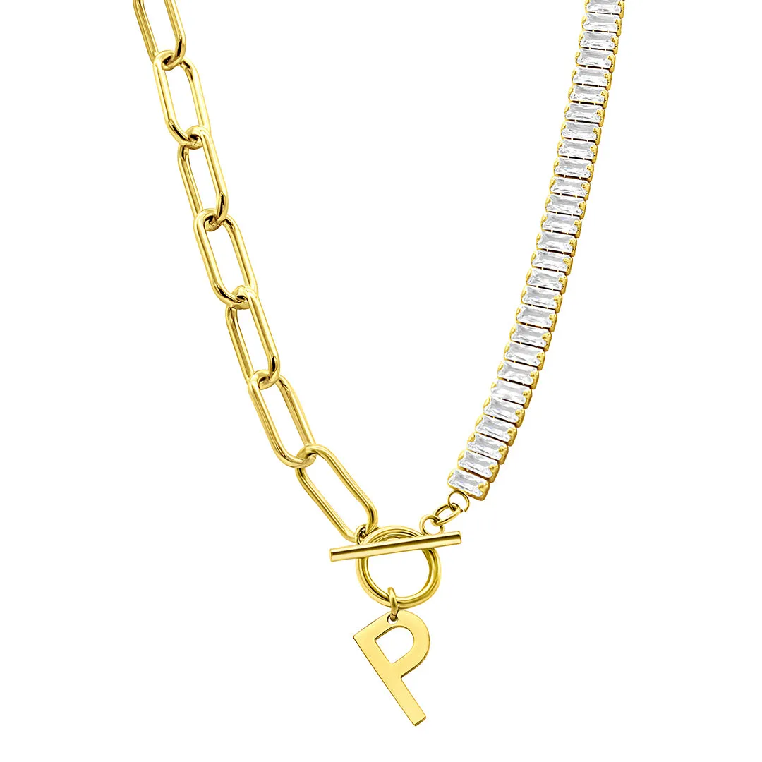 14K Gold Plated Half Crystal And Half Paperclip Initial Toggle Necklace