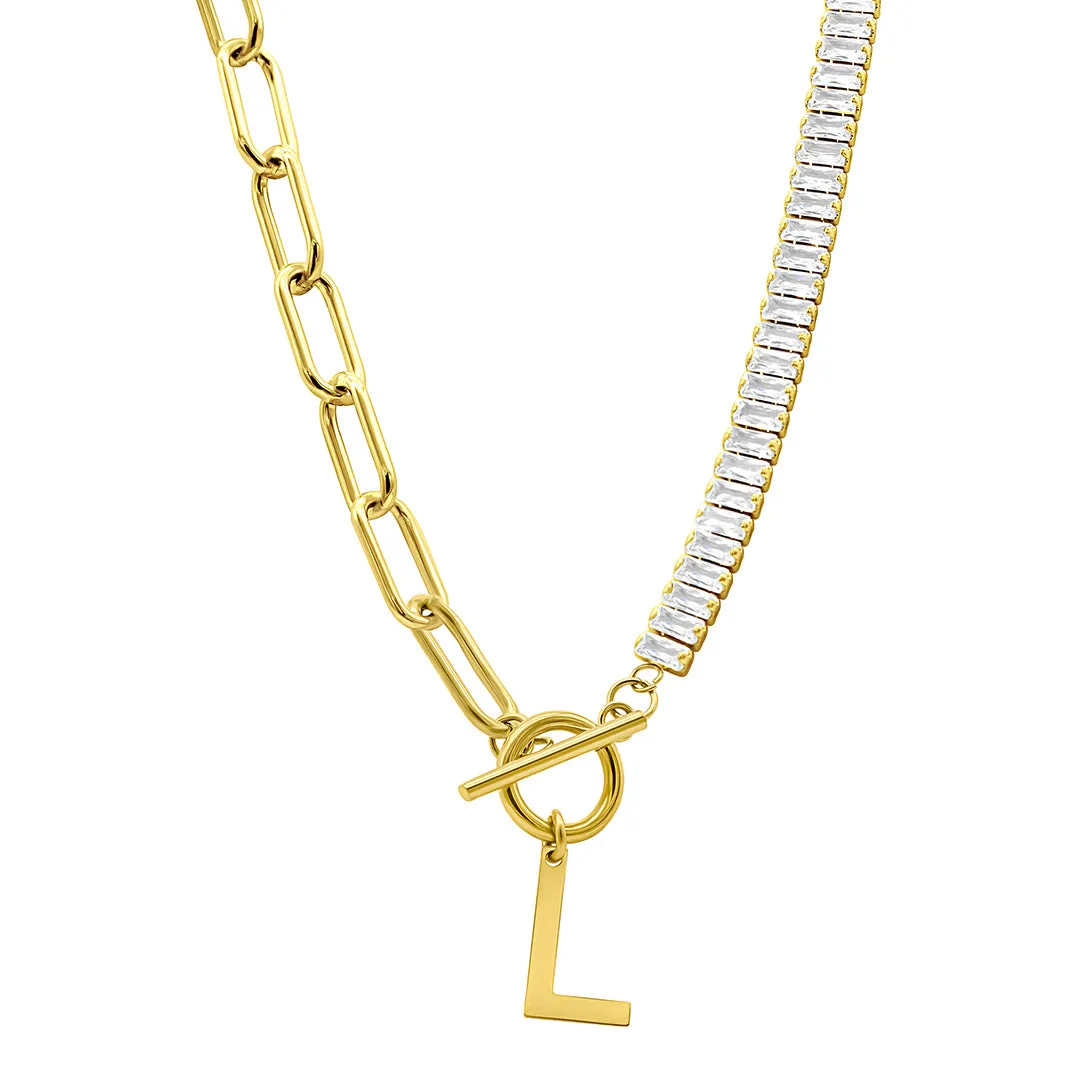 14K Gold Plated Half Crystal And Half Paperclip Initial Toggle Necklace