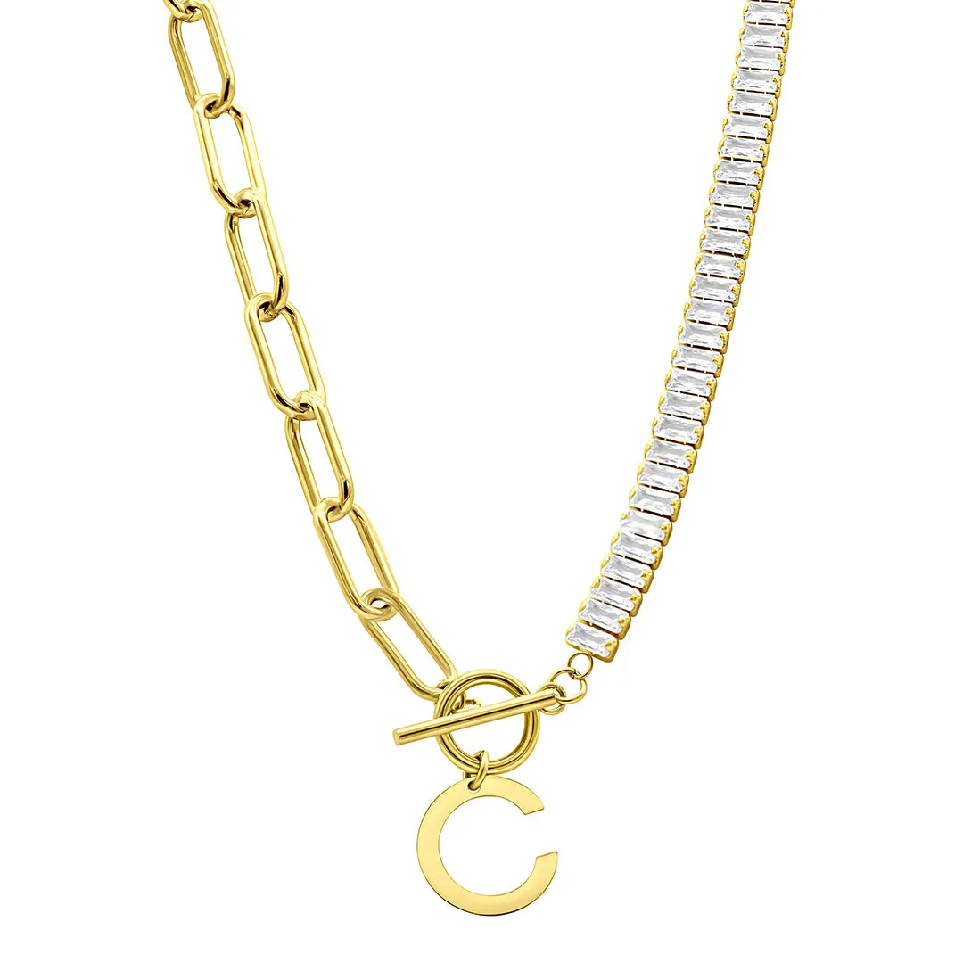 14K Gold Plated Half Crystal And Half Paperclip Initial Toggle Necklace