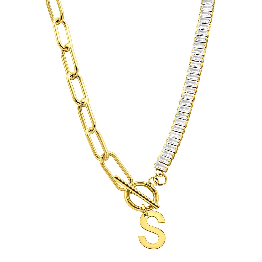 14k Gold Plated Half Crystal And Half Paperclip Initial Toggle Necklace