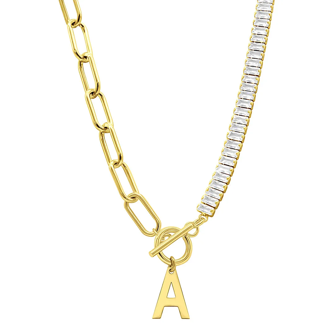 14k Gold Plated Half Crystal And Half Paperclip Initial Toggle Necklace