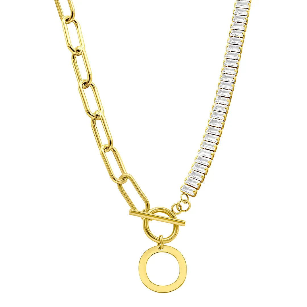 14K Gold Plated Half Crystal And Half Paperclip Initial Toggle Necklace