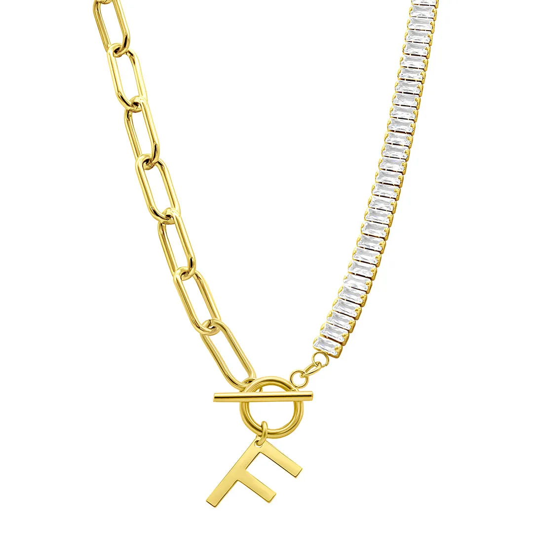 14K Gold Plated Half Crystal And Half Paperclip Initial Toggle Necklace