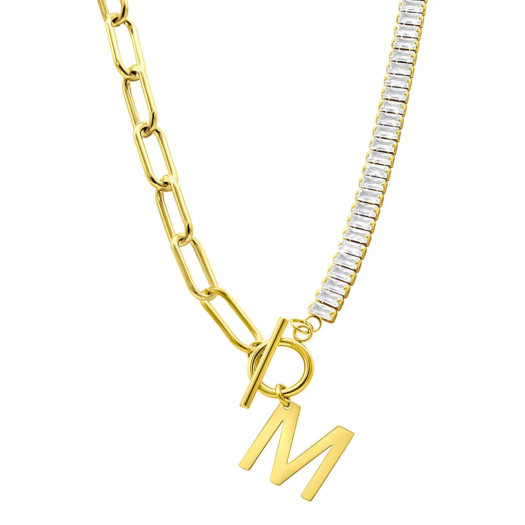 14K Gold Plated Half Crystal And Half Paperclip Initial Toggle Necklace