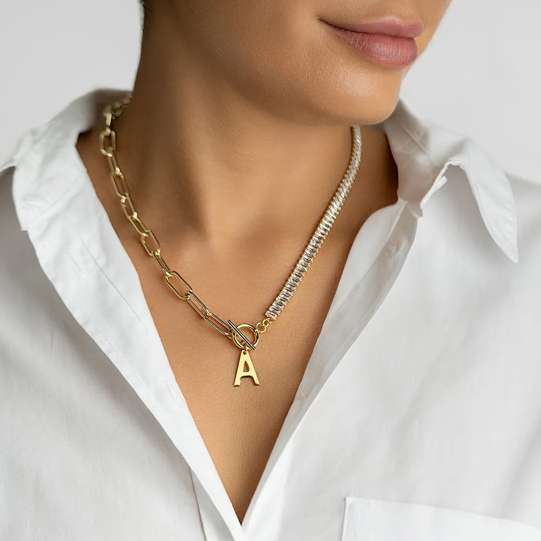 14K Gold Plated Half Crystal And Half Paperclip Initial Toggle Necklace