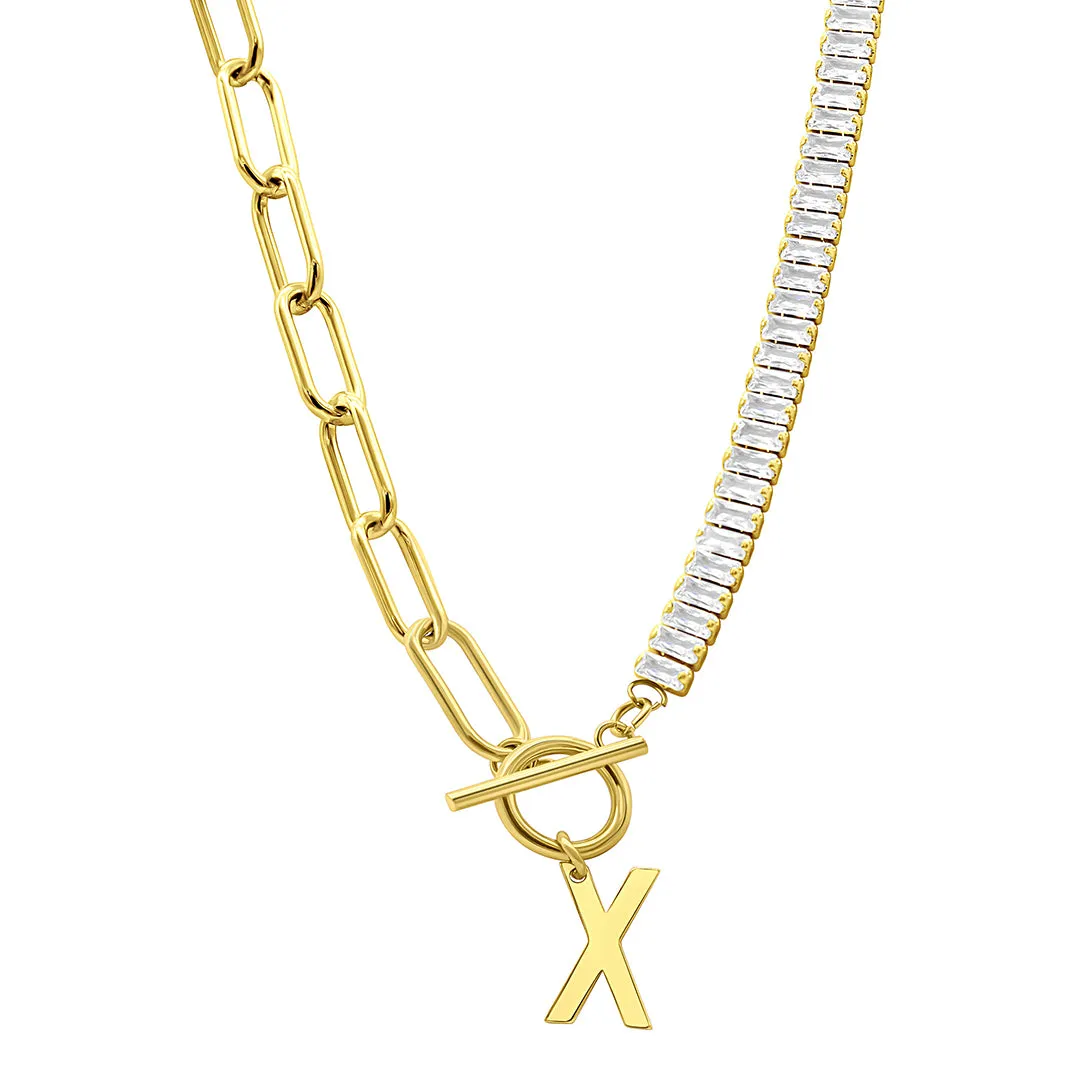 14k Gold Plated Half Crystal And Half Paperclip Initial Toggle Necklace