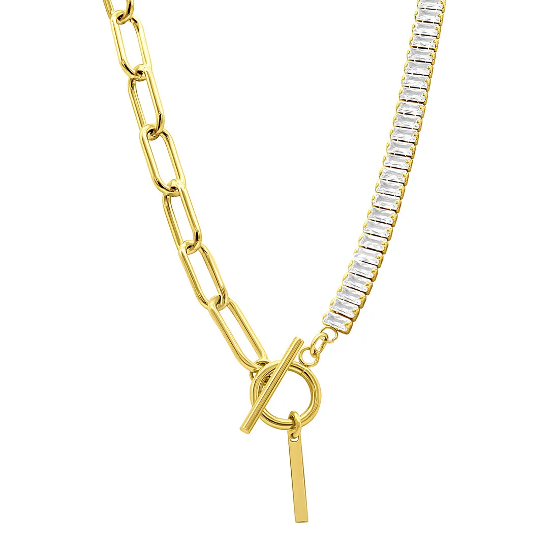 14K Gold Plated Half Crystal And Half Paperclip Initial Toggle Necklace