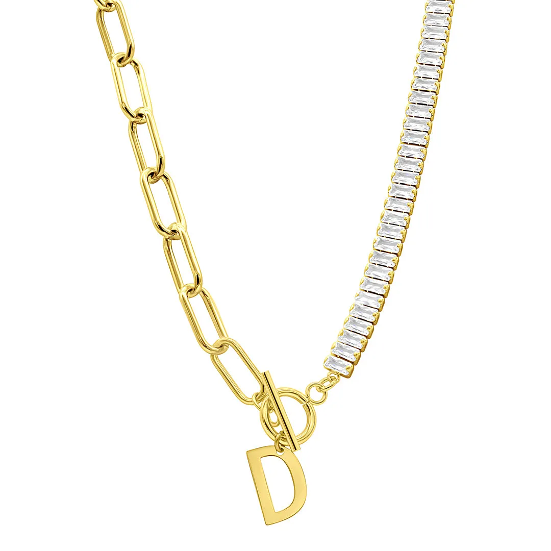 14K Gold Plated Half Crystal And Half Paperclip Initial Toggle Necklace