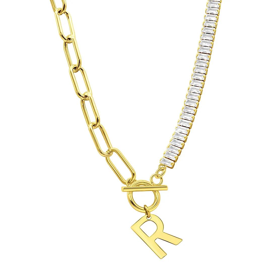 14k Gold Plated Half Crystal And Half Paperclip Initial Toggle Necklace