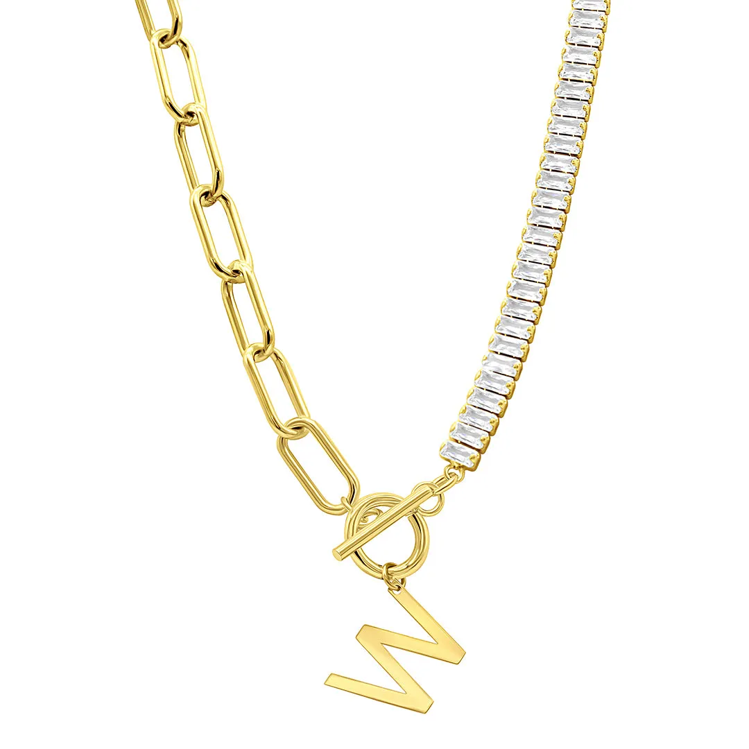 14K Gold Plated Half Crystal And Half Paperclip Initial Toggle Necklace