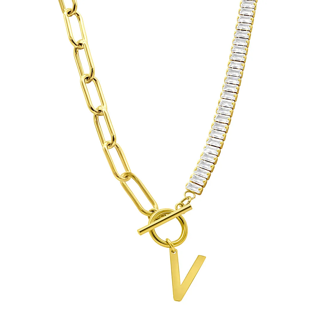 14K Gold Plated Half Crystal And Half Paperclip Initial Toggle Necklace