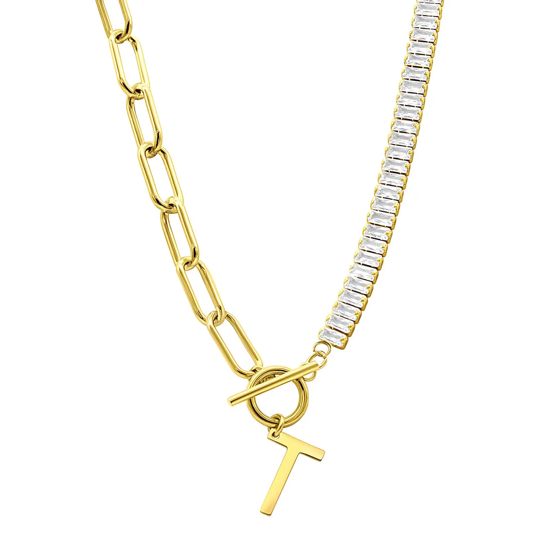 14K Gold Plated Half Crystal And Half Paperclip Initial Toggle Necklace