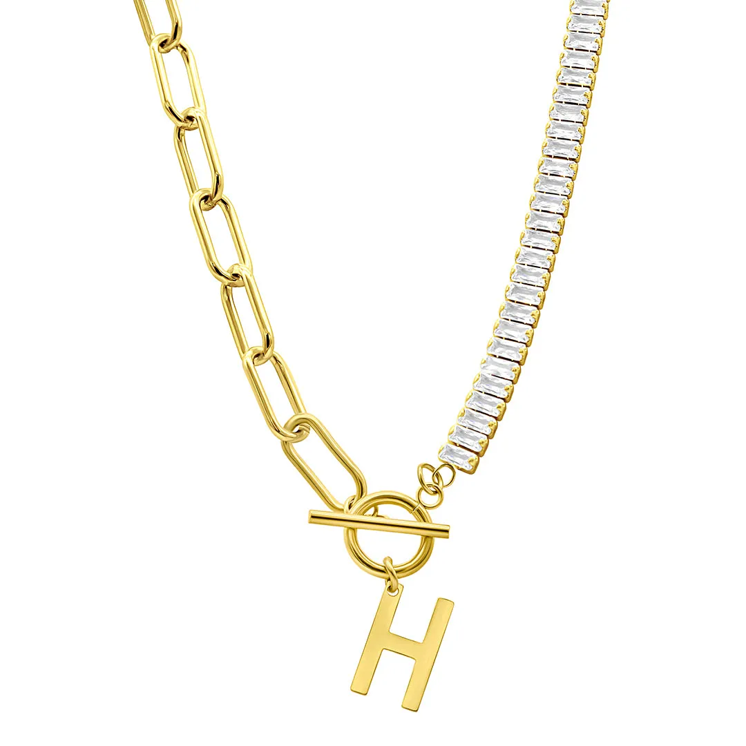 14K Gold Plated Half Crystal And Half Paperclip Initial Toggle Necklace