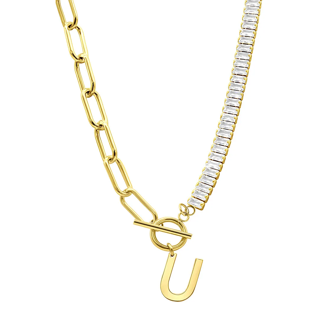 14k Gold Plated Half Crystal And Half Paperclip Initial Toggle Necklace