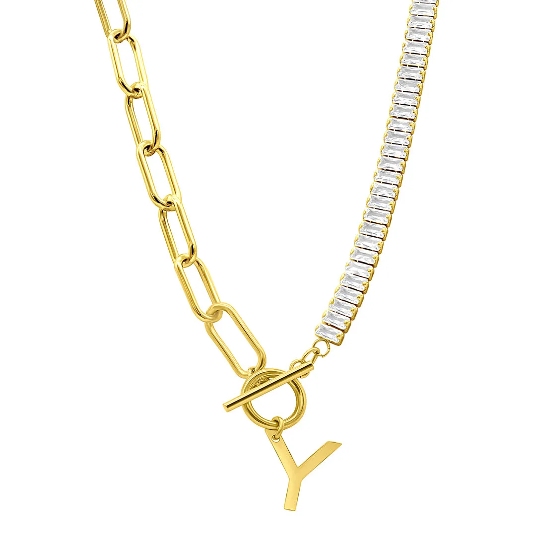 14K Gold Plated Half Crystal And Half Paperclip Initial Toggle Necklace