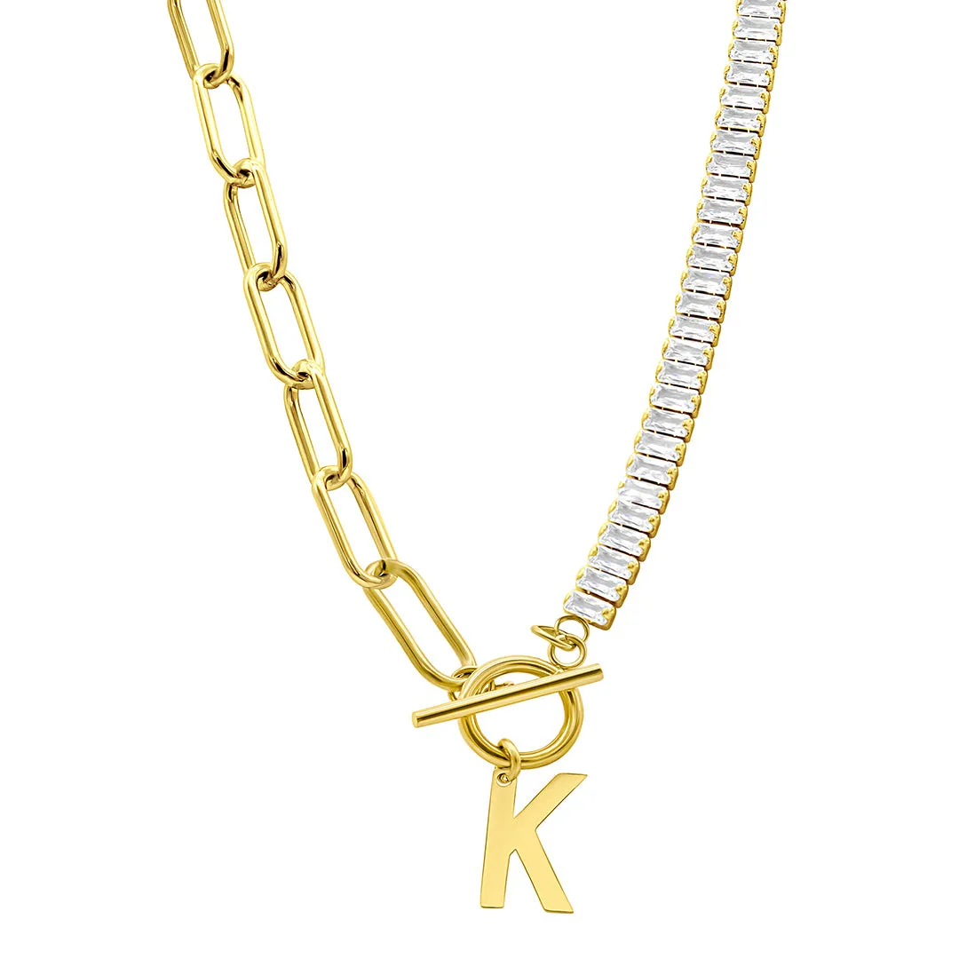 14K Gold Plated Half Crystal And Half Paperclip Initial Toggle Necklace