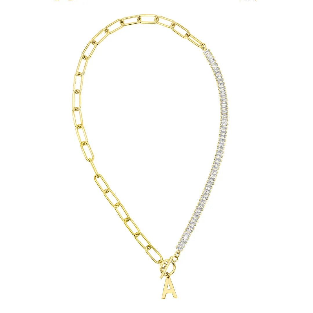 14K Gold Plated Half Crystal And Half Paperclip Initial Toggle Necklace