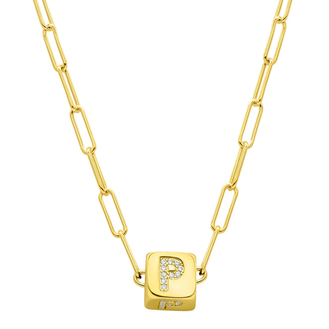 14k Gold Plated Initial Cube Paperclip Necklace