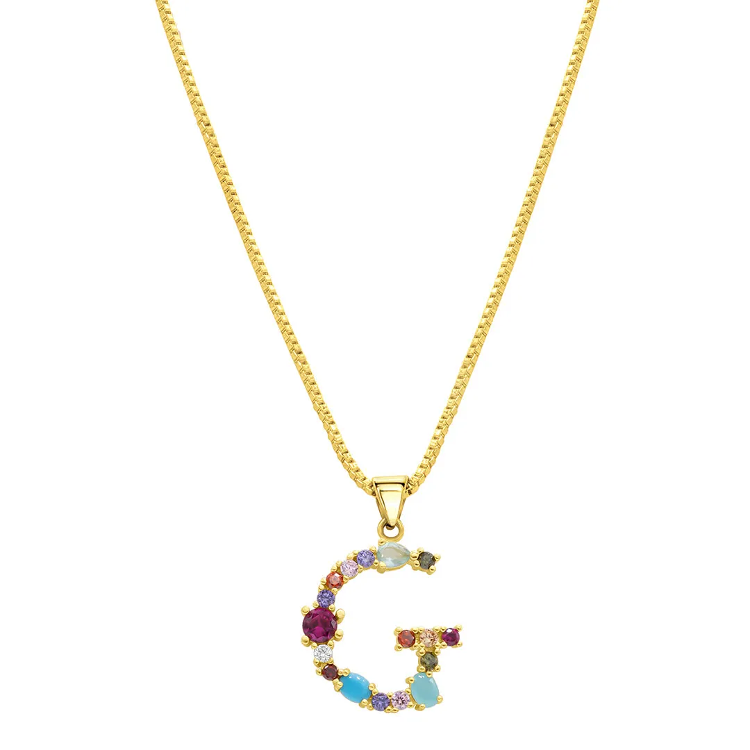 14k Gold Plated Multi Color Stone Initial Necklace