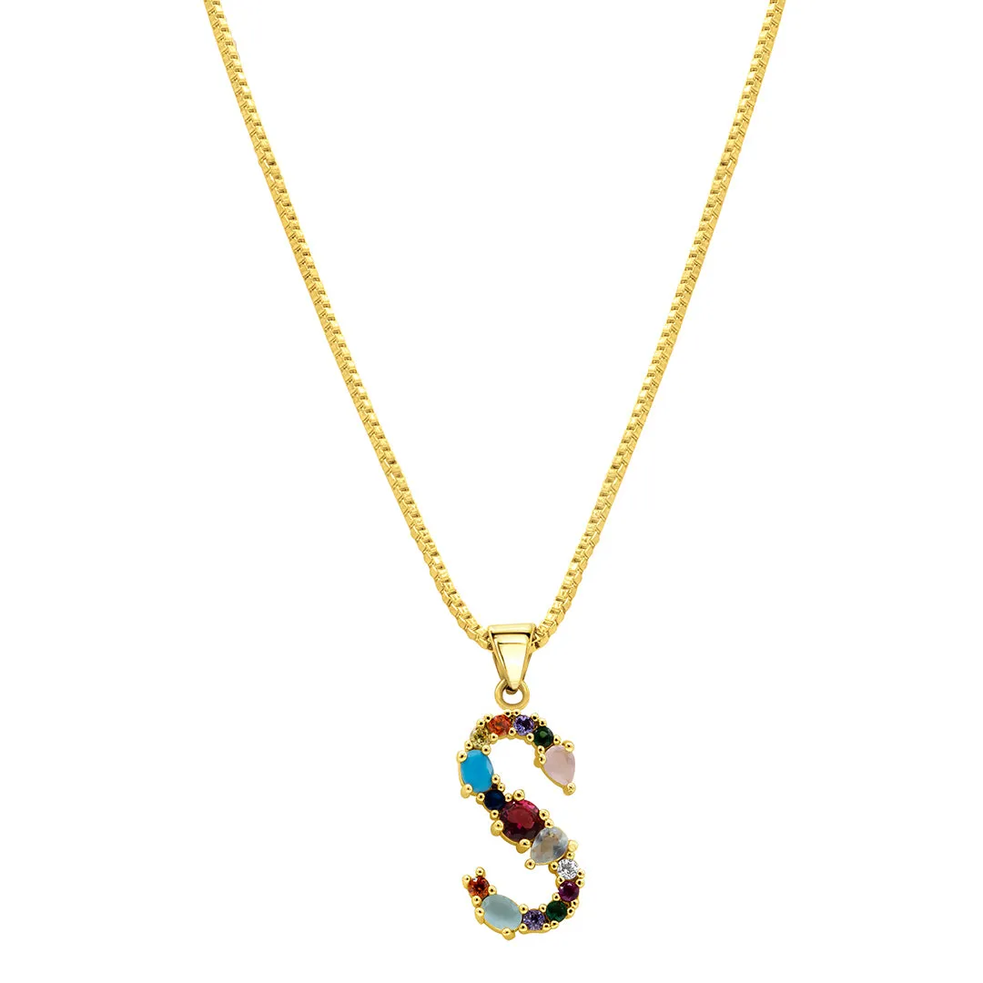 14k Gold Plated Multi Color Stone Initial Necklace