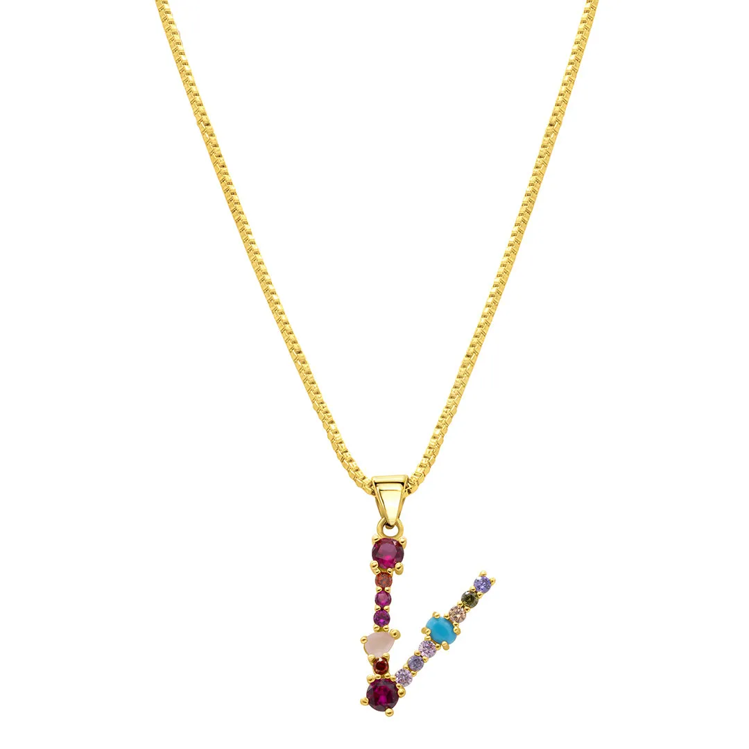 14k Gold Plated Multi Color Stone Initial Necklace