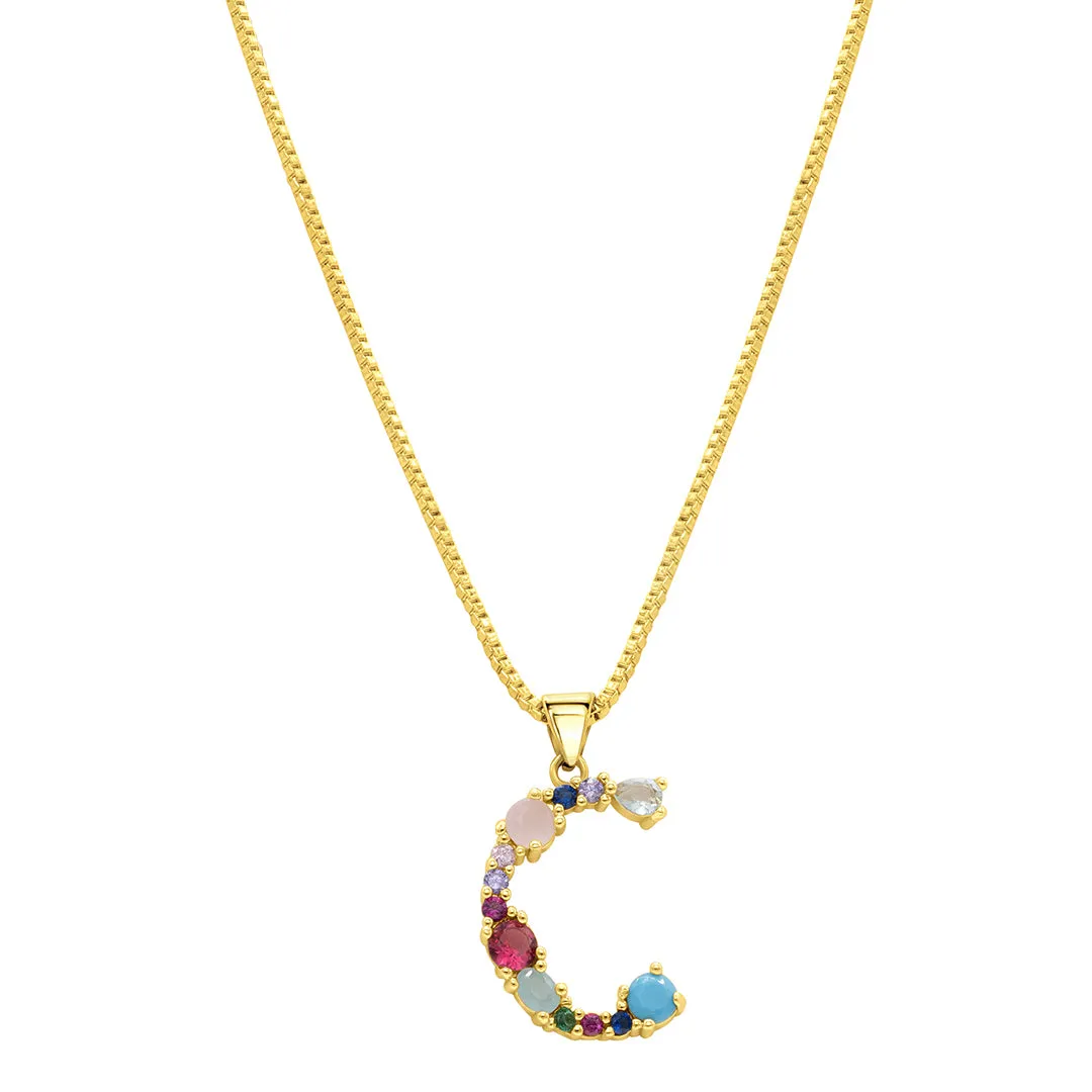 14k Gold Plated Multi Color Stone Initial Necklace