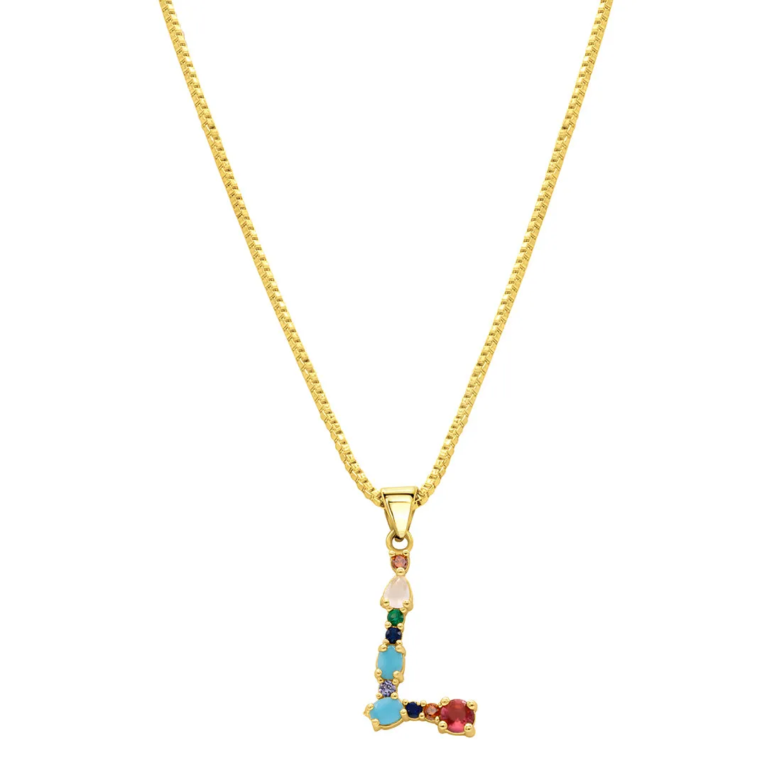 14k Gold Plated Multi Color Stone Initial Necklace