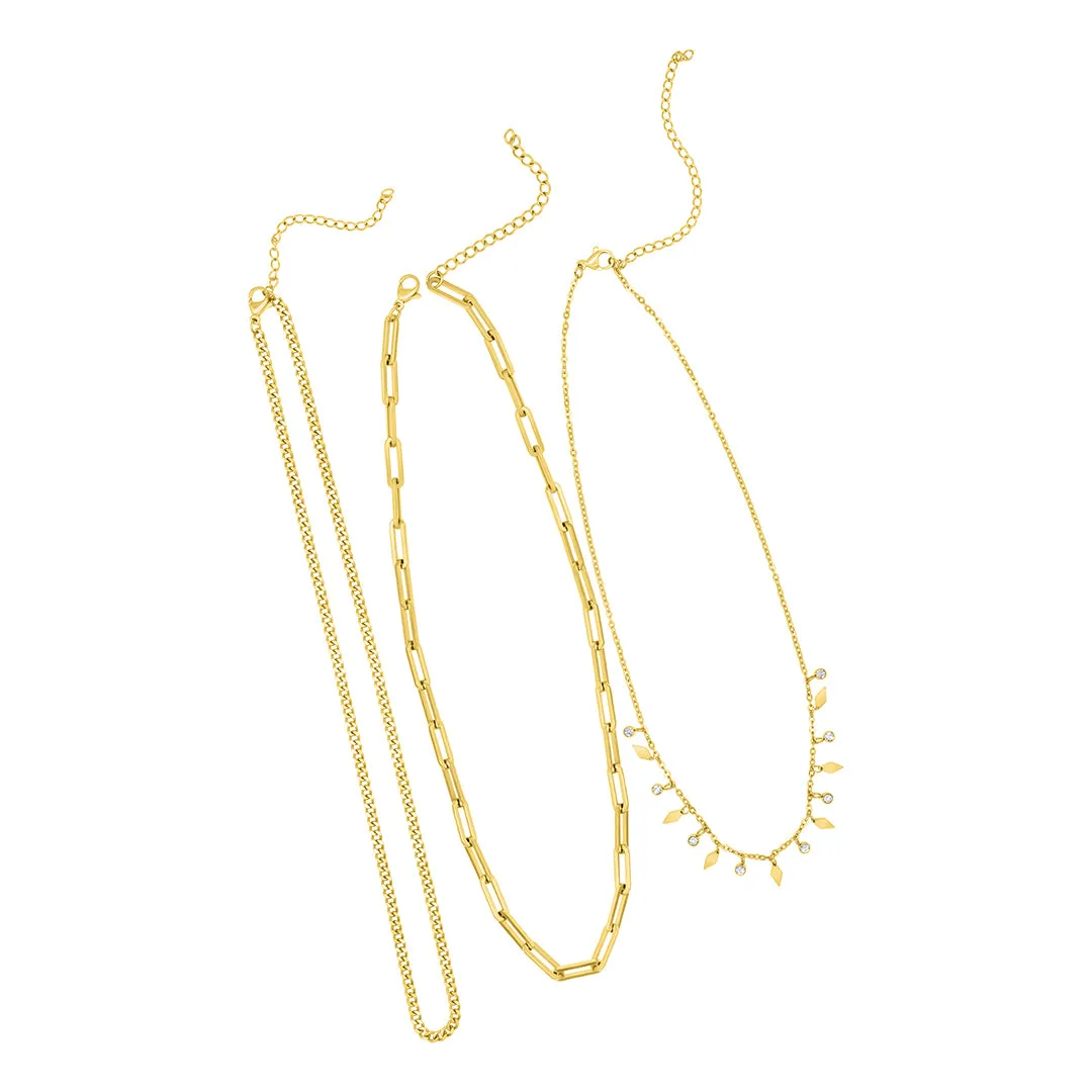 14k Gold Plated Paperclip, Curb, and Dangle Diamond Chain Necklace Set