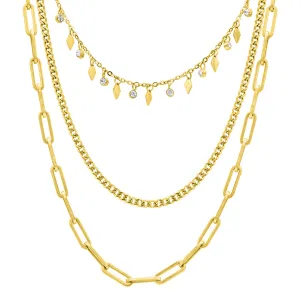 14k Gold Plated Paperclip, Curb, and Dangle Diamond Chain Necklace Set