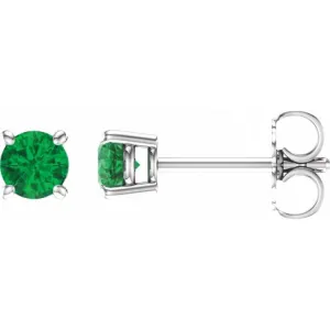 14K White 4 mm Lab-Grown Emerald Stud Earrings