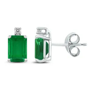 14K White Gold 6X4Mm Emerald Shaped Emerald And Diamond Earrings