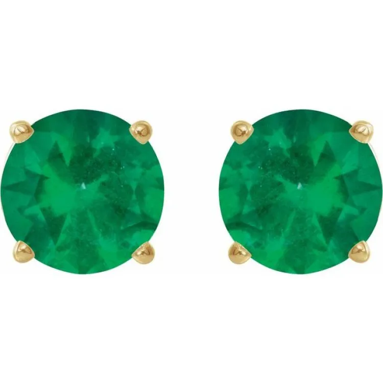 14K Yellow 7 mm Lab-Grown Emerald Stud Earrings