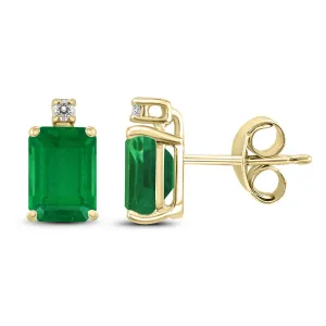 14K Yellow Gold 5X3Mm Emerald Shaped Emerald And Diamond Earrings