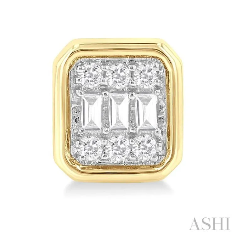 1/5 Ctw Petite Bezel Set Emerald Shape Fusion Baguette and Round Cut Diamond Fashion Stud Earring in 10K Yellow Gold