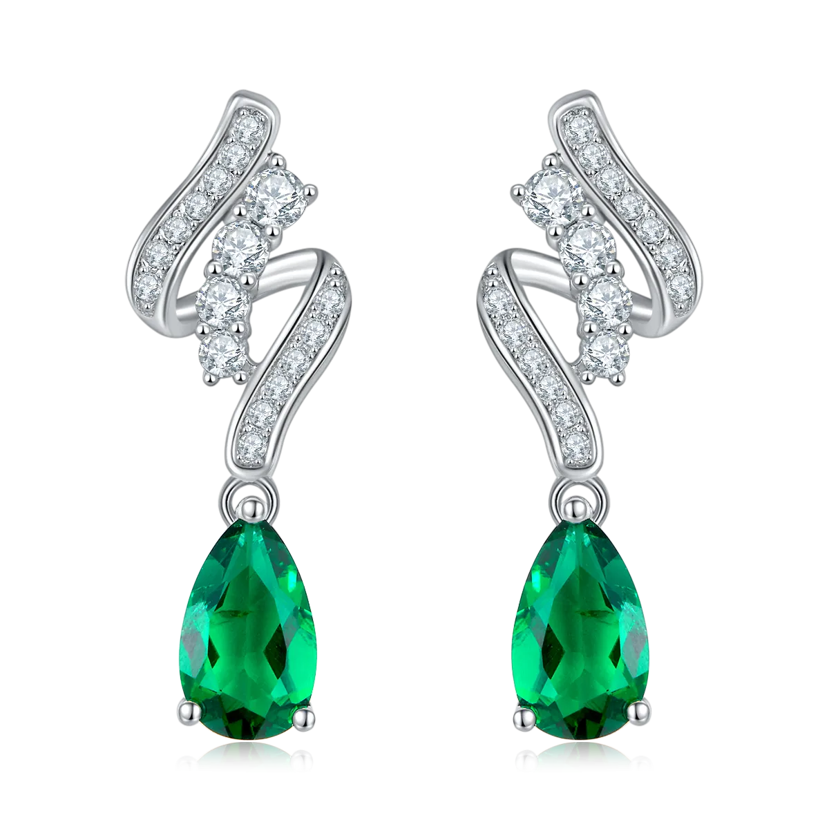 1.52 Carat Pear-Shaped Lab-Created Emerald Drop Earrings in S925 Silver with Platinum Ribbon Design