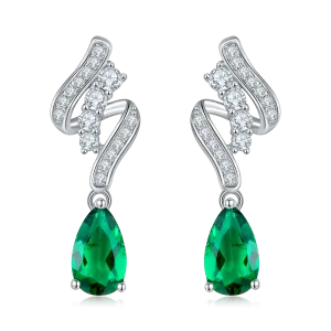 1.52 Carat Pear-Shaped Lab-Created Emerald Drop Earrings in S925 Silver with Platinum Ribbon Design